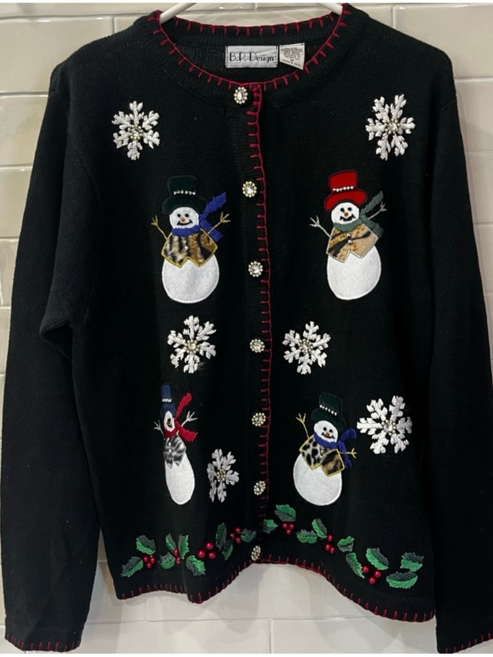 Vintage Christmas Ugly Sweater Kitschy Embellished B.P. Designs Snowmen Med